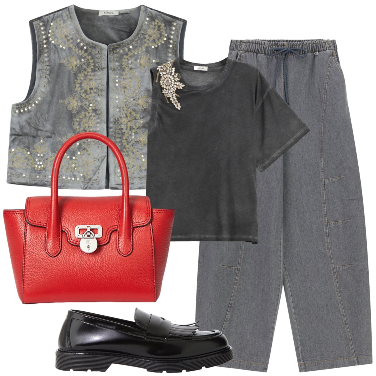 Outfit donna - Total look #2262573. Stile Casual per Tutti i giorni. Abbinamento con t-shirt, pantaloni a palazzo, mocassini, gilet, borse a mano.