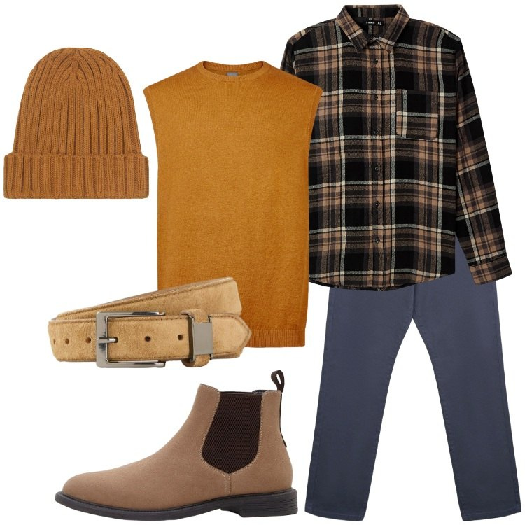 Outfit uomo - Passeggiata autunnale. Stile Casual per Tutti i giorni. Abbinamento con stivali e stivaletti, cinture, camicie, pantaloni chino, gilet, berretti.