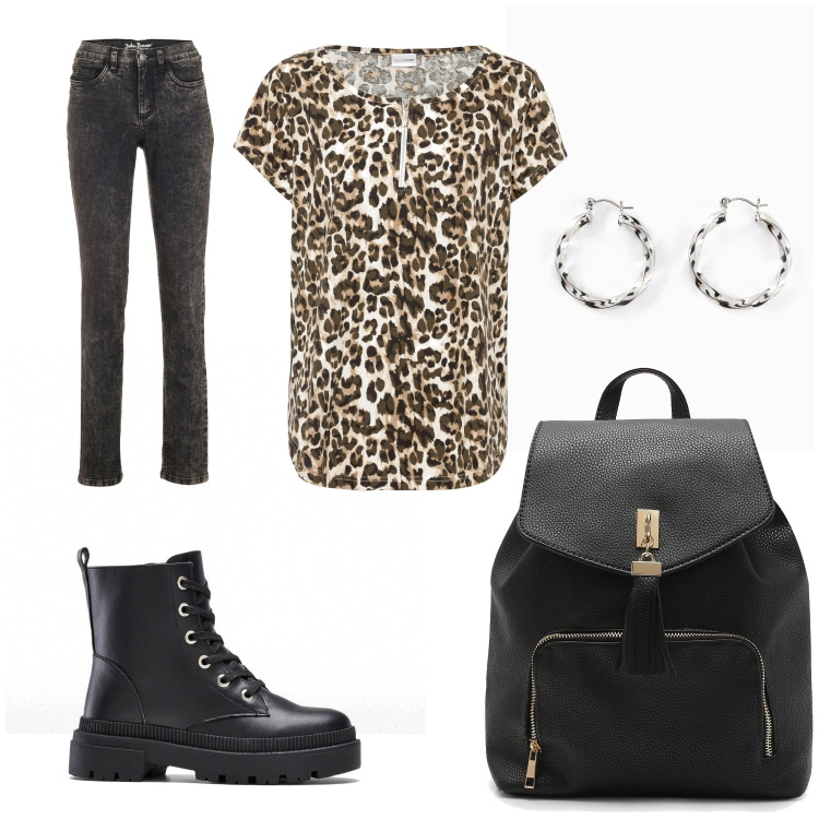 Outfit femme - Octobre. Style Casual pour Tous les jours. Assortir avec bottines, jean slim, t-shirts, boucles d'oreilles, sacs à dos.