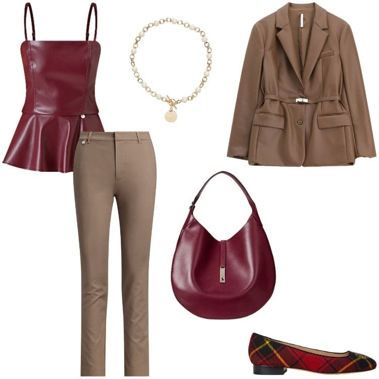 Outfit donna - Wine and Chocolate. Stile Preppy per Serata fuori. Abbinamento con top, blazer, collane, borse a spalla, ballerine, pantaloni.