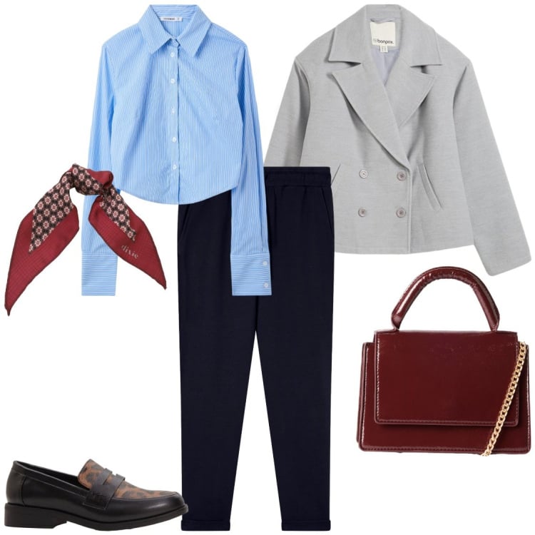 Outfit donna - Pantalone blu. Stile Minimal per Tutti i giorni. Abbinamento con caban, mocassini, camicie, borse a tracolla, pantaloni, foulard.