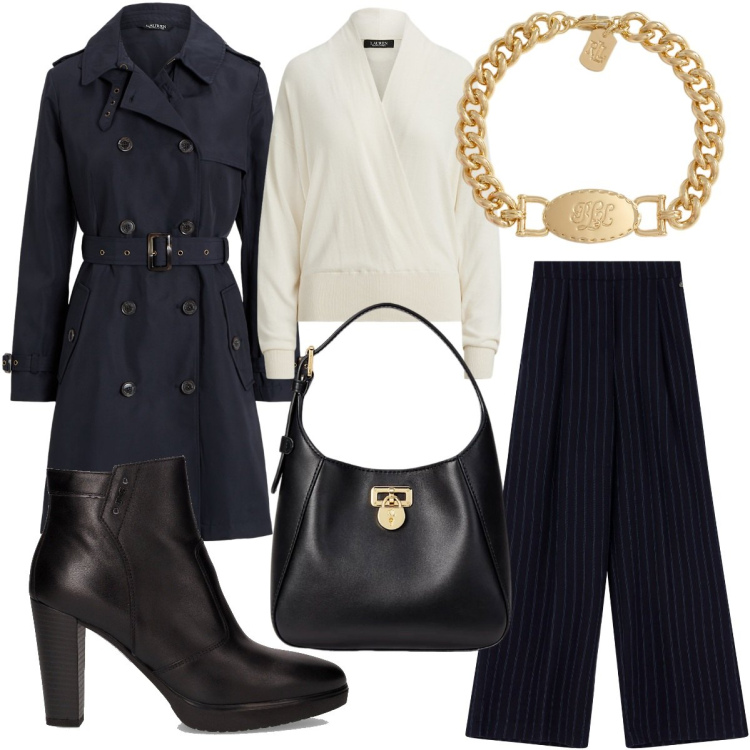 Outfit donna - Trench Season. Stile Casual chic per Tutti i giorni. Abbinamento con pantaloni a palazzo, braccialetti, borse a tracolla, maglieria, trench, stivaletti.