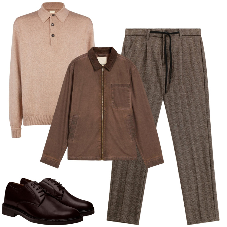 Outfit uomo - Ottobre. Stile Urban per Tutti i giorni. Abbinamento con giacche, pantaloni, scarpe stringate, polo.