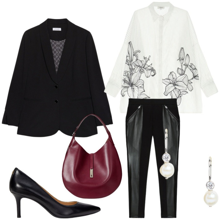Outfit donna - Pranzo di lavoro. Stile Chic per Ufficio. Abbinamento con camicie, orecchini, borse a spalla, décolleté, blazer, leggings.