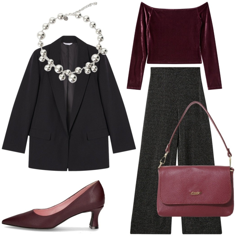 Outfit donna - Serata fuori. Stile Chic per Serata fuori. Abbinamento con pantaloni, bluse, blazer, borse a tracolla, collane, décolleté.