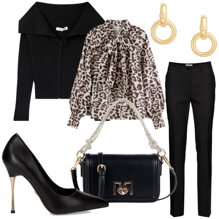 Outfit donna - Serata chic. Stile Chic per Serata fuori. Abbinamento con pantaloni, camicie, cardigans, borse a mano, orecchini, décolleté.