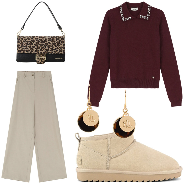 Outfit donna - Autumn mood. Stile Basic per Tutti i giorni. Abbinamento con borse a spalla, pantaloni a palazzo, maglieria, orecchini, stivali.