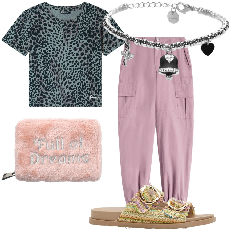 Outfit donna - Full of dreams at home. Stile Basic per Tutti i giorni. Abbinamento con ciabatte, portafogli, pantaloni cargo, braccialetti, t-shirt.