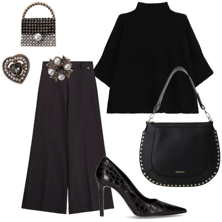Outfit donna - Semplicemente eleganza. Stile Chic per Ufficio. Abbinamento con pantaloni a palazzo, maglieria, borse a spalla, accessori per capelli, décolleté.