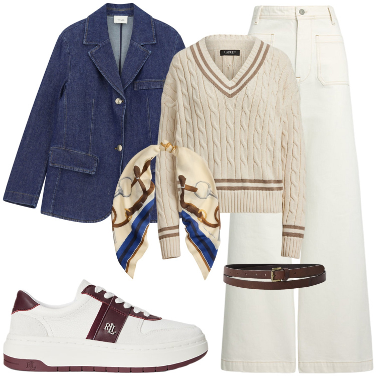 Outfit donna - Un tocco di marrone. Stile Glamour per Tutti i giorni. Abbinamento con blazer, cinture, jeans, sneakers, foulard, maglieria.