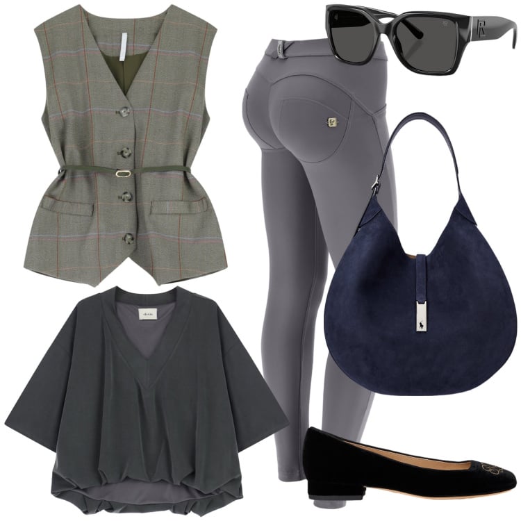Outfit donna - Stile urbano. Stile Urban per Tutti i giorni. Abbinamento con gilet, top, pantaloni skinny, borse a spalla, occhiali da sole, ballerine.