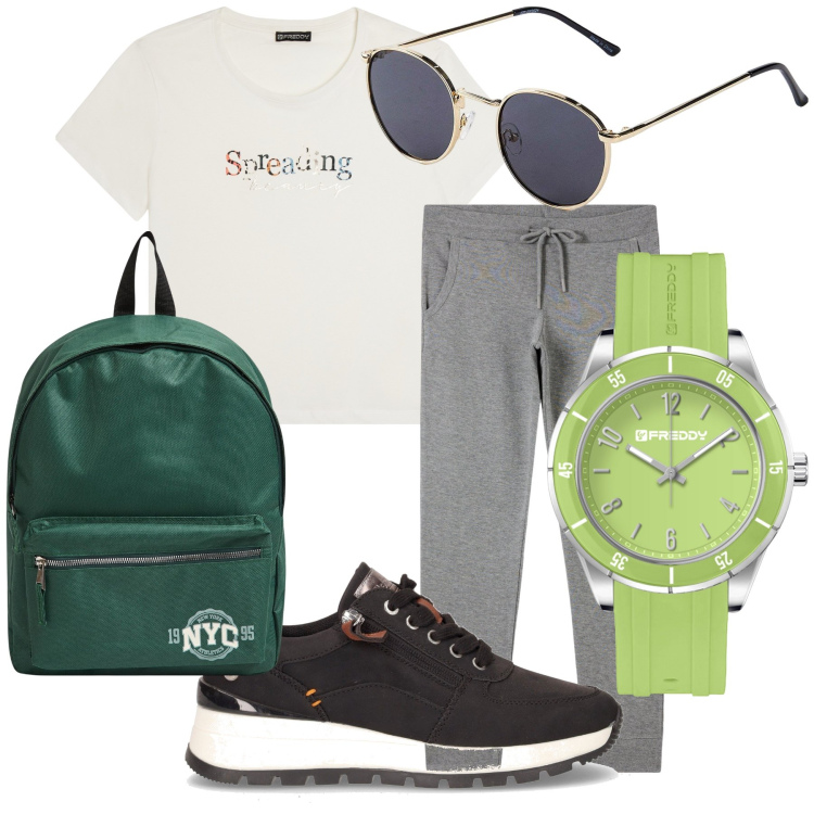 Outfit donna - L ora della passeggiata. Stile Basic per Tutti i giorni. Abbinamento con occhiali da sole, zaini, pantaloni, orologi, t-shirt, sneakers.