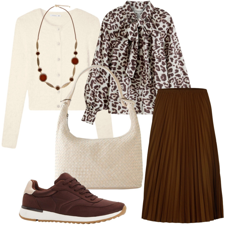 Outfit donna - La blusa animalier. Stile Minimal per Tutti i giorni. Abbinamento con camicie, sneakers, shopping bag, cardigans, gonne longuette, collane.