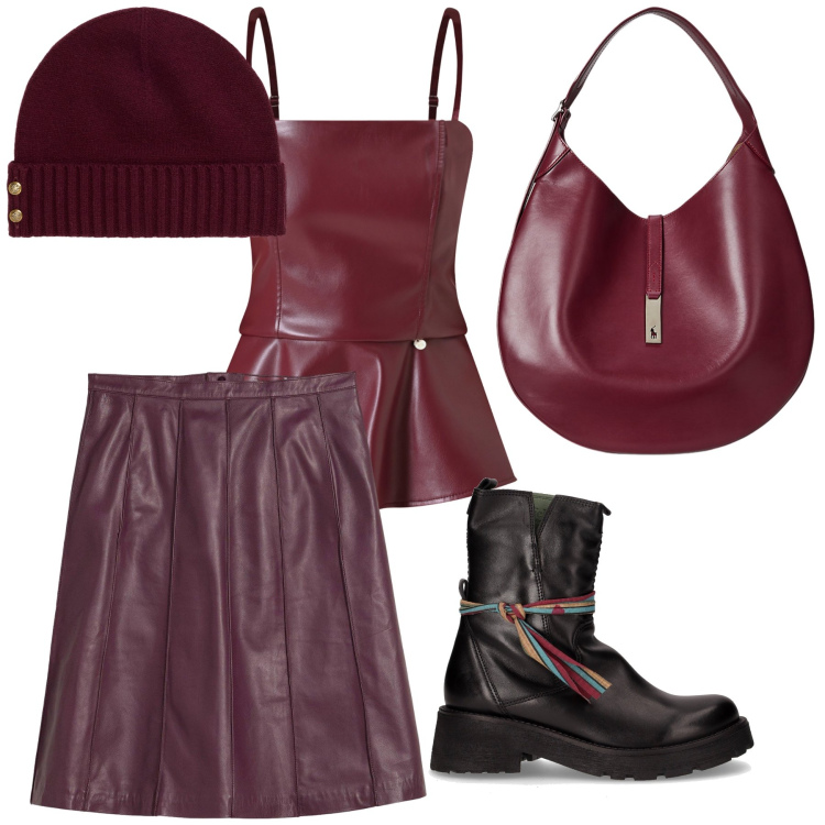 Outfit donna - Grinta. Stile Trendy per Tutti i giorni. Abbinamento con gonne, top, borse a spalla, berretti, anfibi.