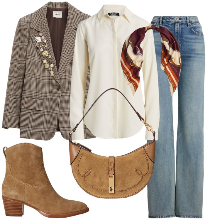 Outfit donna - Delizie d\'autunno. Stile Glamour per Tutti i giorni. Abbinamento con blazer, camicie, borse a spalla, stivaletti, jeans, foulard.