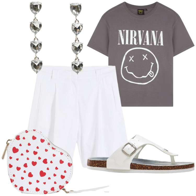Outfit donna - Love at home. Stile Romantica per Tutti i giorni. Abbinamento con infradito, shorts, orecchini, portafogli, t-shirt.