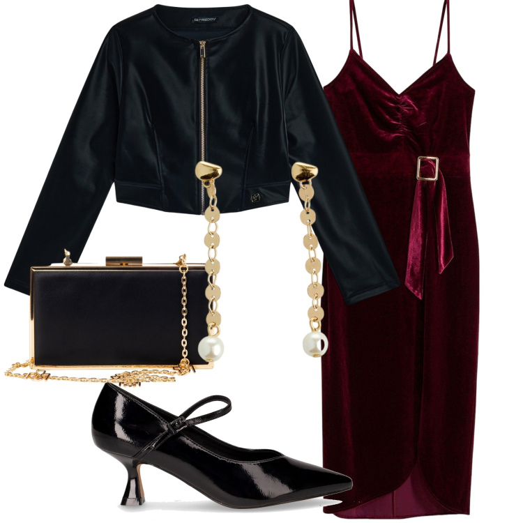 Outfit donna - Cocktail time. Stile Chic per Serata fuori. Abbinamento con vestiti midi/longuette, orecchini, pochette, blazer, décolleté.