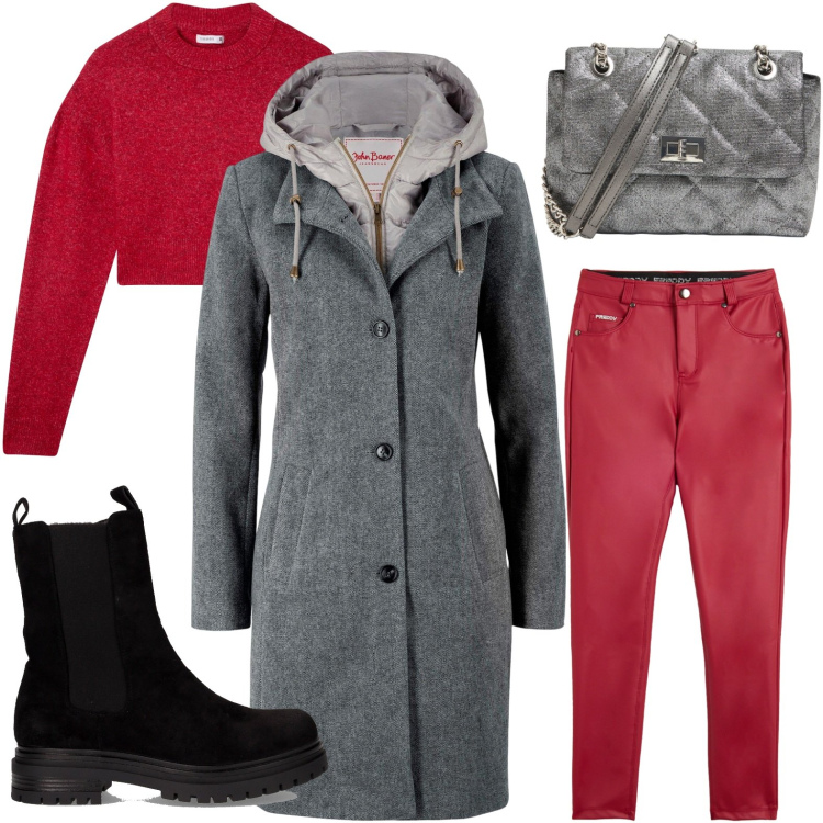 Outfit donna - Il cappotto classico grigio. Stile Basic per Scuola/Università. Abbinamento con cappotti, maglieria, borse a tracolla, pantaloni skinny, stivaletti chelsea.