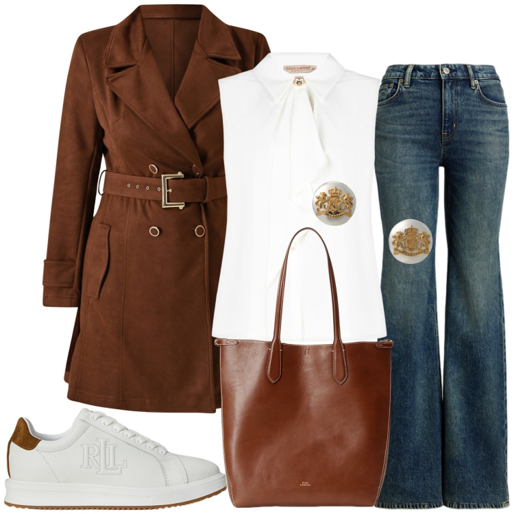 Outfit donna - Deliziose. Stile Glamour per Tutti i giorni. Abbinamento con top, trench, jeans, orecchini, borse tote, sneakers.