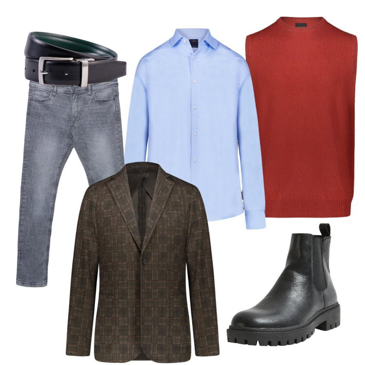 Outfit uomo - L gilet rosso. Stile Urban per Tutti i giorni. Abbinamento con stivali e stivaletti, jeans skinny, gilet, camicie, giacche, cinture.