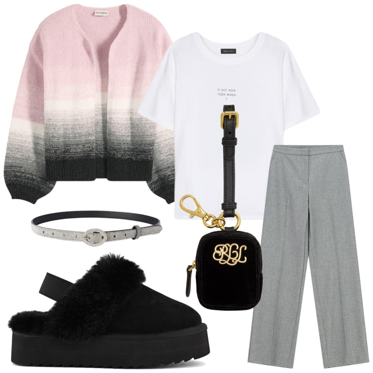 Outfit donna - Il cardigan sfumato. Stile Glamour per Tutti i giorni. Abbinamento con cardigans, cinture, pantaloni a palazzo, pochette, t-shirt, sabot.