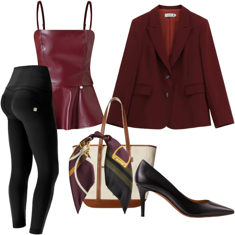 Outfit donna - Bordeaux intenso. Stile Minimal per Serata fuori. Abbinamento con blazer, top, pantaloni skinny, décolleté, borse tote, foulard.