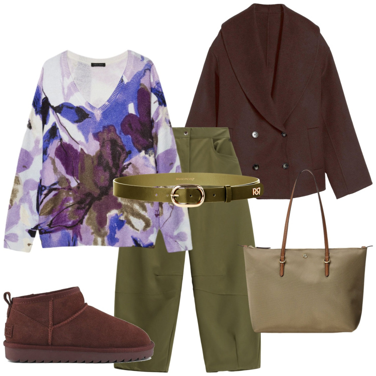 Outfit donna - Total look #2262621. Stile Etnico per Ufficio. Abbinamento con caban, pantaloni a palazzo, cinture, borse tote, stivali, maglieria.