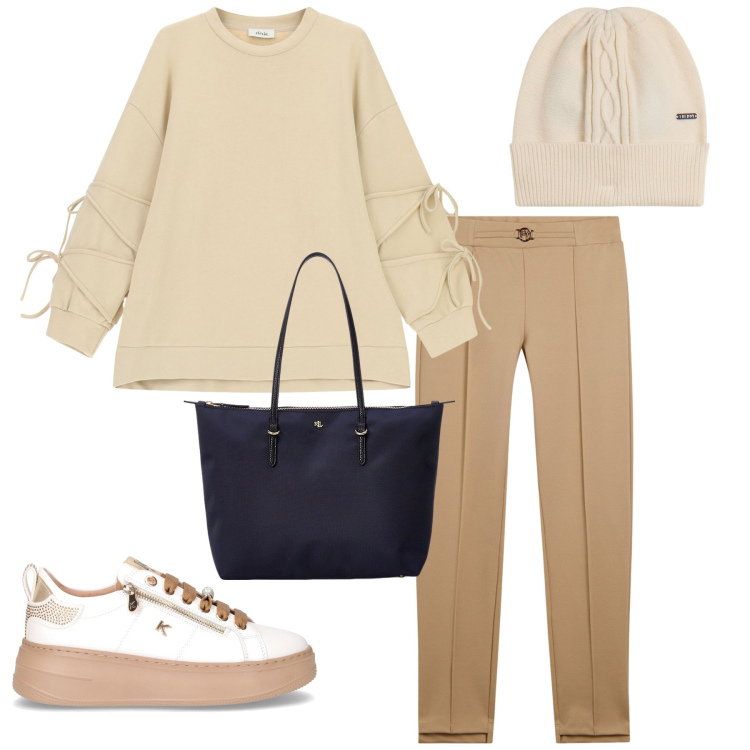 Outfit donna - Minimal autunnale. Stile Minimal per Tutti i giorni. Abbinamento con pantaloni, berretti, felpe, borse tote, sneakers.