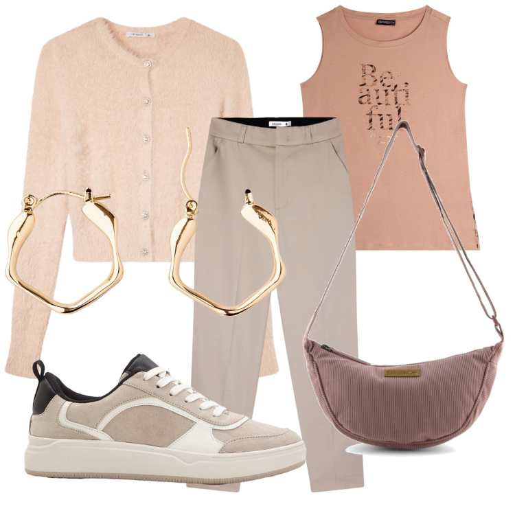 Outfit donna - Total look #2262624. Stile Minimal per Ufficio. Abbinamento con orecchini, sneakers, pantaloni chino, cardigans, canottiere, borse a tracolla.