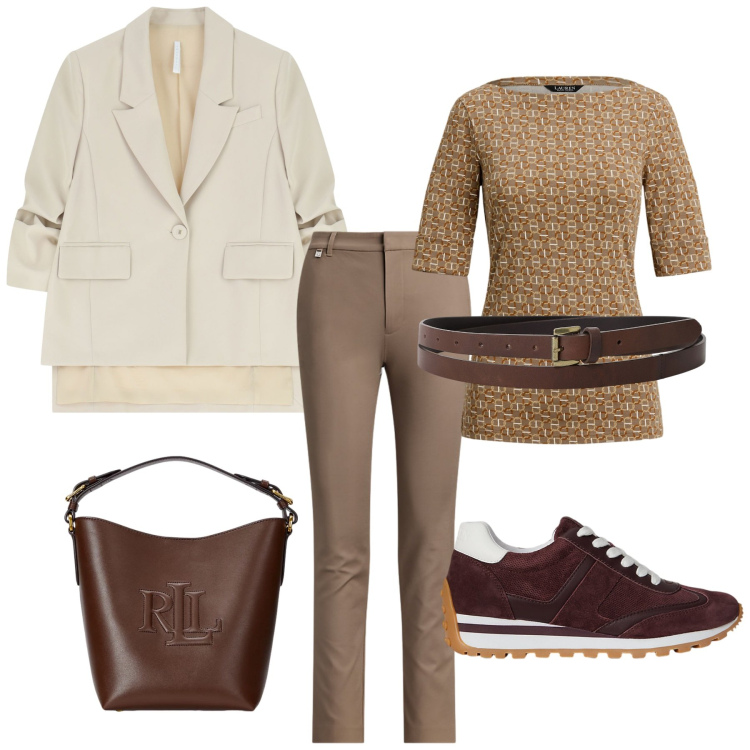 Outfit donna - Minimal autunnale. Stile Minimal per Tutti i giorni. Abbinamento con cinture, blazer, borse a secchiello, pantaloni, sneakers, t-shirt.