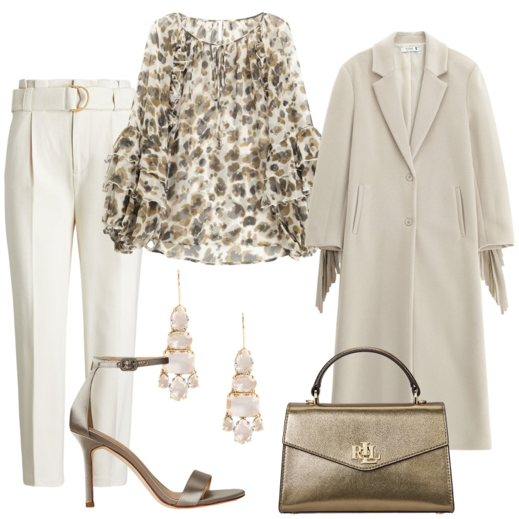 Outfit donna - Cerimonia romantica. Stile Chic per Cerimonia. Abbinamento con cappotti, camicie, sandali col tacco, orecchini, borse a mano, pantaloni.