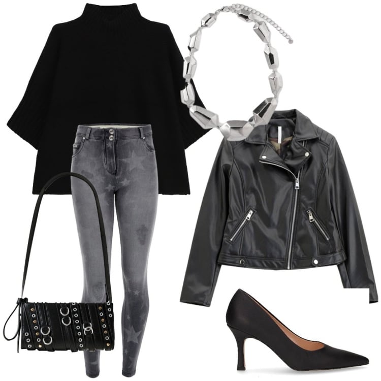 Outfit donna - Total black da sera. Stile Rock per Serata fuori. Abbinamento con borse a spalla, maglieria, blazer, jeans skinny, ciondoli, décolleté.