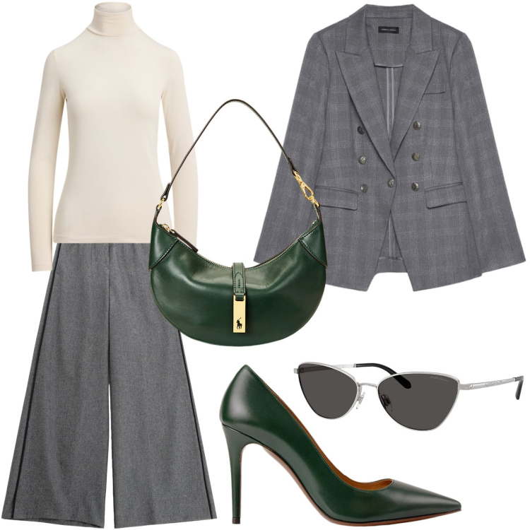 Outfit donna - Completo giacca e pantaloni. Stile Chic per Ufficio. Abbinamento con pantaloni, borse a spalla, décolleté, maglieria, occhiali da sole, blazer.
