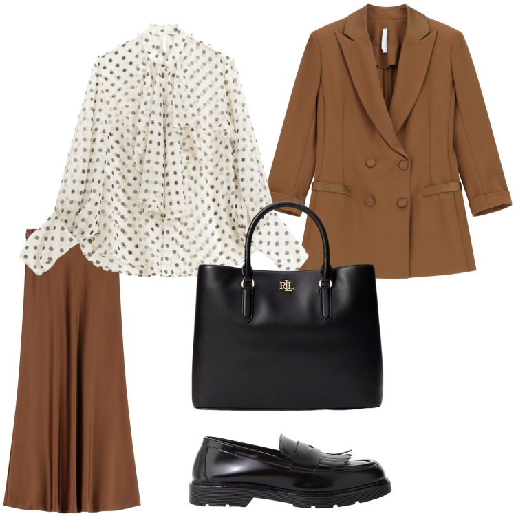 Outfit donna - Il ritorno dei pois. Stile Minimal per Ufficio. Abbinamento con gonne lunghe, blazer, camicie, mocassini, borse a mano.