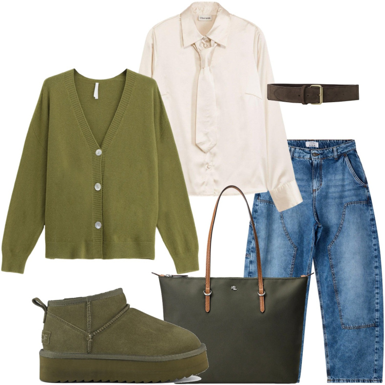 Outfit donna - Camicia con cravatta. Stile Casual per Scuola/Università. Abbinamento con camicie, jeans dritti, cardigans, cinture, borse tote, stivaletti.