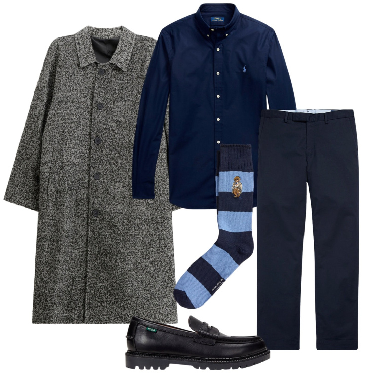 Outfit uomo - Total look #2262639. Stile Business/Elegante per Ufficio. Abbinamento con cappotti, camicie, pantaloni chino, scarpe stringate, calzini.