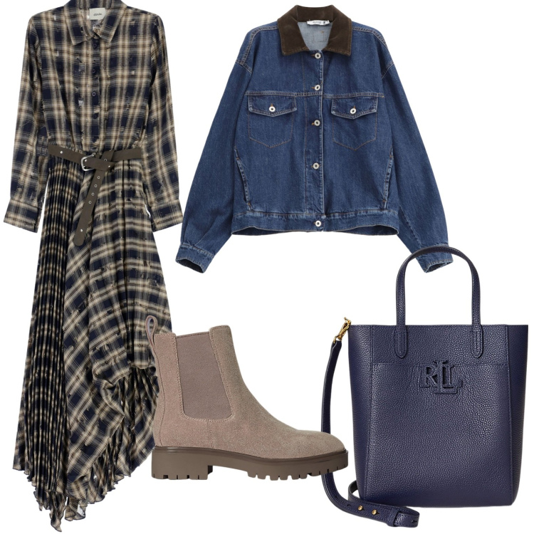 Outfit donna - Giornata speciale in check. Stile Boho per Scuola/Università. Abbinamento con blazer, vestiti lunghi, borse tote, stivaletti chelsea.