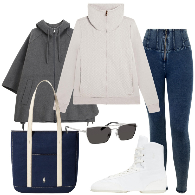 Outfit donna - Casual la mattina. Stile Casual per Tutti i giorni. Abbinamento con felpe, jeans skinny, cappotti, borse tote, ballerine, occhiali da sole.