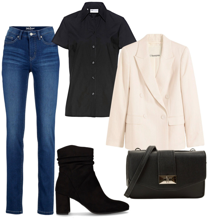 Outfit donna - Look semplice. Stile Casual per Tutti i giorni. Abbinamento con camicie a manica corta, jeans, blazer, borse a tracolla, stivaletti.