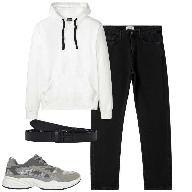 Outfit uomo - Ottobre. Stile Casual per Tutti i giorni. Abbinamento con felpe con cappuccio, cinture, sneakers, jeans dritti.