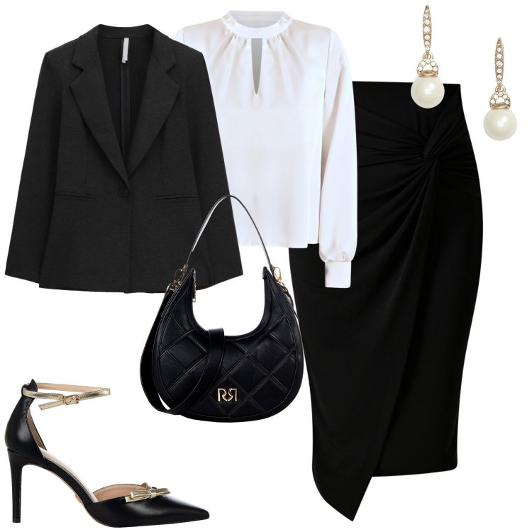 Outfit donna - B&w. Stile Chic per Tutti i giorni. Abbinamento con bluse, décolleté, gonne, borse a tracolla, blazer, orecchini.