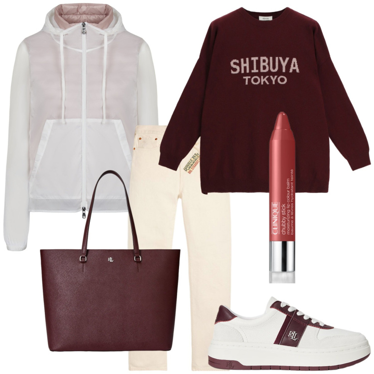 Outfit donna - Total look #2262661. Stile Urban per Tutti i giorni. Abbinamento con rossetti, maglieria, borse tote, jeans dritti, sneakers, blazer.