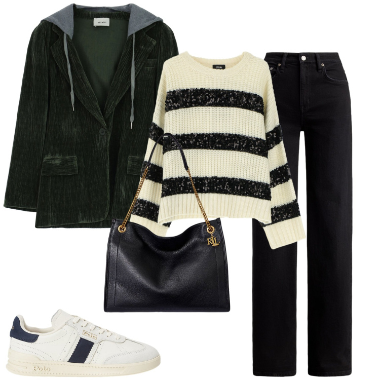 Outfit donna - Ottobre. Stile Casual chic per Tutti i giorni. Abbinamento con cappotti, maglieria, jeans, sneakers, borse tote.