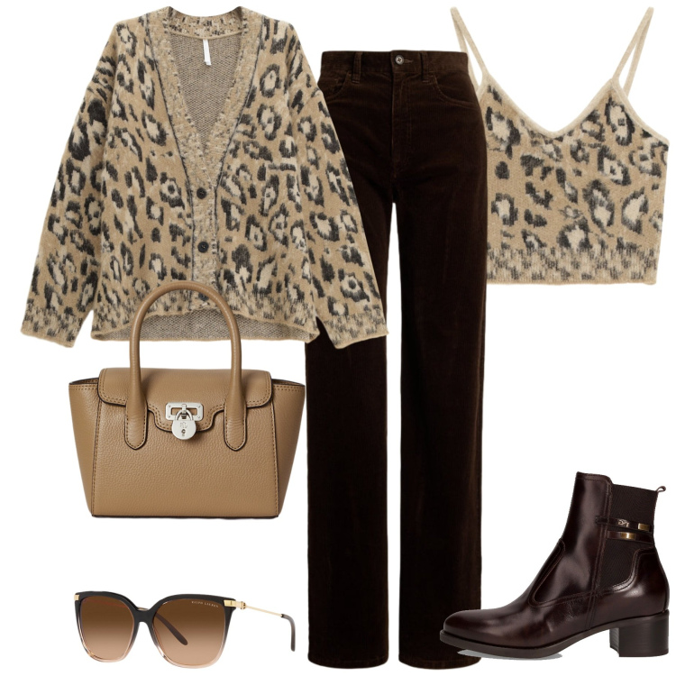 Outfit donna - Ottobre. Stile Casual chic per Tutti i giorni. Abbinamento con top, cardigans, occhiali da sole, pantaloni, borse a mano, stivaletti.