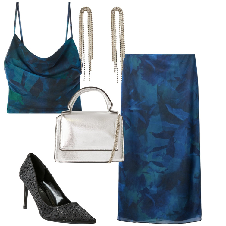 Outfit donna - Serata. Stile Chic per Serata fuori. Abbinamento con gonne lunghe, décolleté, canottiere, orecchini, borse a tracolla.