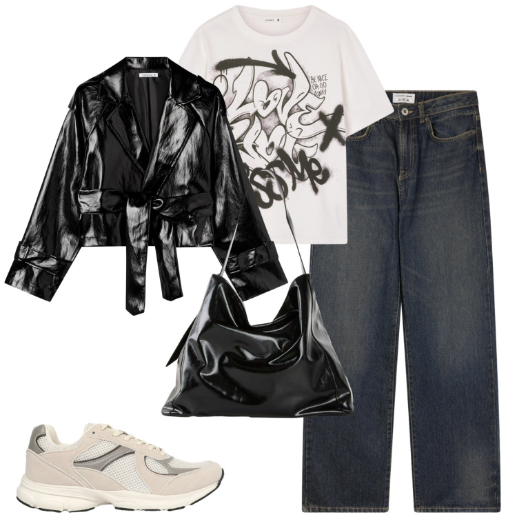 Outfit donna - Ottobre. Stile Casual per Tutti i giorni. Abbinamento con shopping bag, sneakers, jeans dritti, giacche, t-shirt.