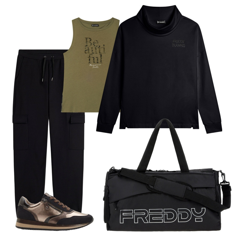 Outfit donna - Andiamo ad allenarci. Stile Sporty chic per Sport. Abbinamento con sneakers, borse sportive, pantaloni cargo, canottiere, felpe.