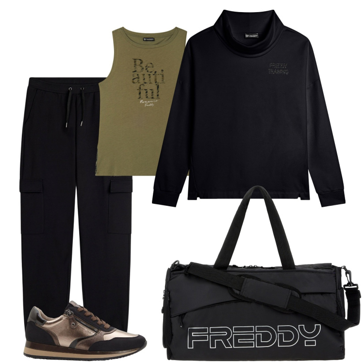 Outfit donna - Pronti per la palestra. Stile Sporty chic per Sport. Abbinamento con sneakers, borse sportive, pantaloni cargo, canottiere, felpe.