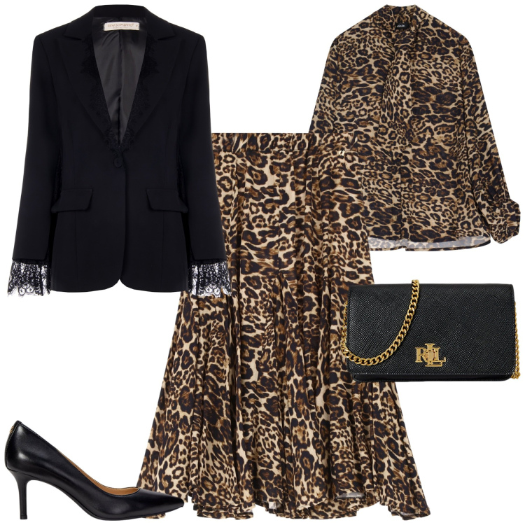 Outfit donna - Animalier. Stile Glamour per Serata fuori. Abbinamento con gonne, camicie, blazer, borse a tracolla, décolleté.