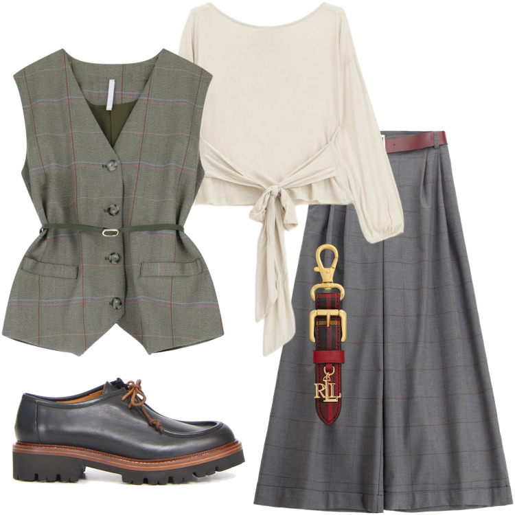 Outfit donna - Pantaloni e gilet. Stile Casual chic per Ufficio. Abbinamento con top, pantaloni, gilet, portachiavi, mocassini.